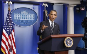 U.S. President Obama gestures as he speaks from the Briefing Room of the White House in Washington