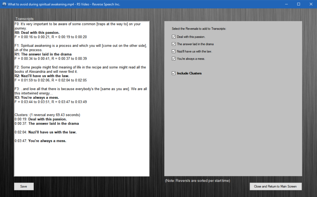Reverse Speech Pro Video Transcript Creation Window